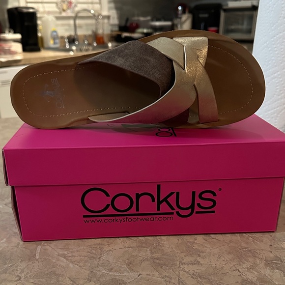 Corkys Women's Metallic Gold Cross-Band Sandals - Picture 2 of 4